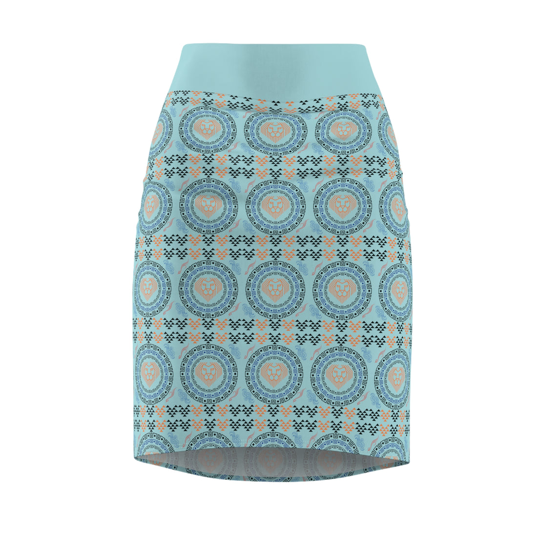 Icy Blue Geo Lion Head Pencil Skirt