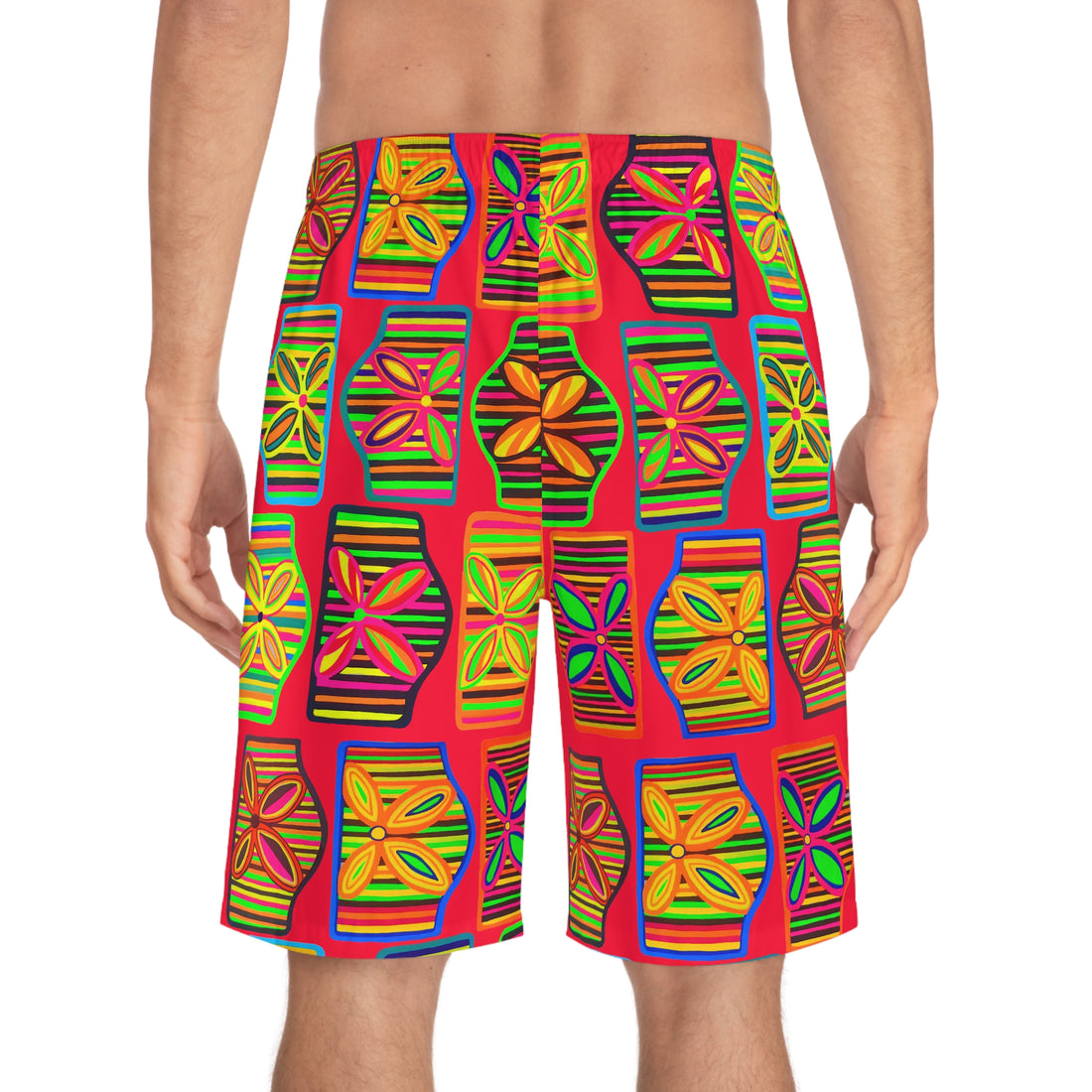 Red Deco Print Men's Board Shorts (AOP)