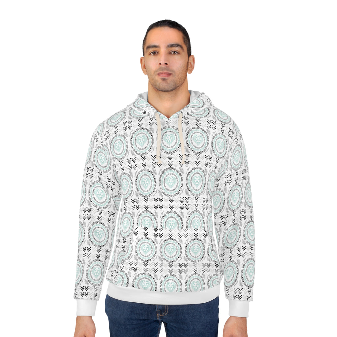 White Geo Lion Head Pullover Hoodie