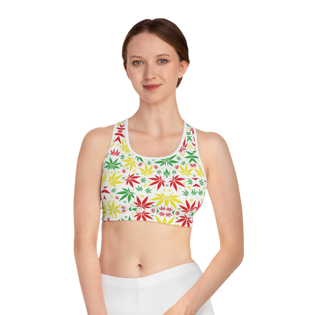 White Tropical Rasta Toned Racer Back (AOP) Sports Bra