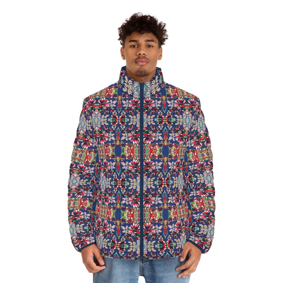 Blue Artsy Floral Pop Men's Puffer Jacket