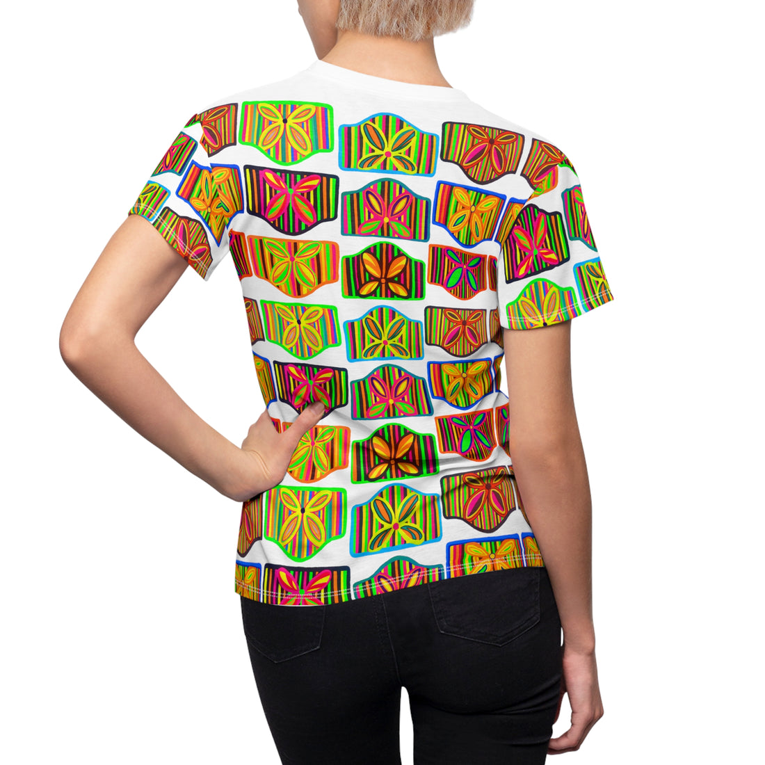 White Deco AOP Women's Cap Sleeves T-shirt