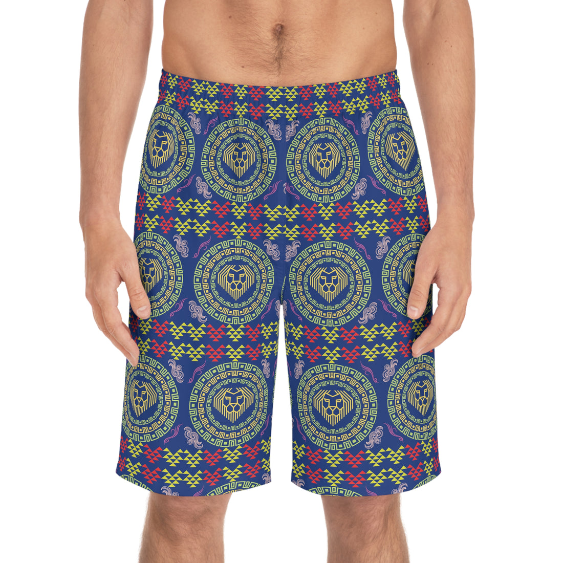 Royal Blue Geo Lion Head Men's Board Shorts (AOP)