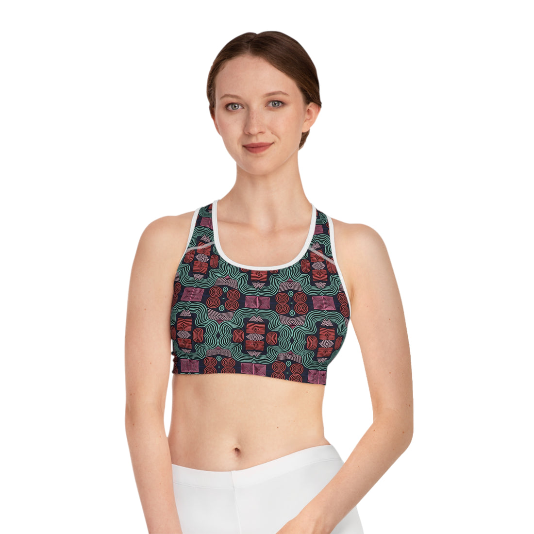 Black Geometric Print (AOP) Racerback Sports Bra