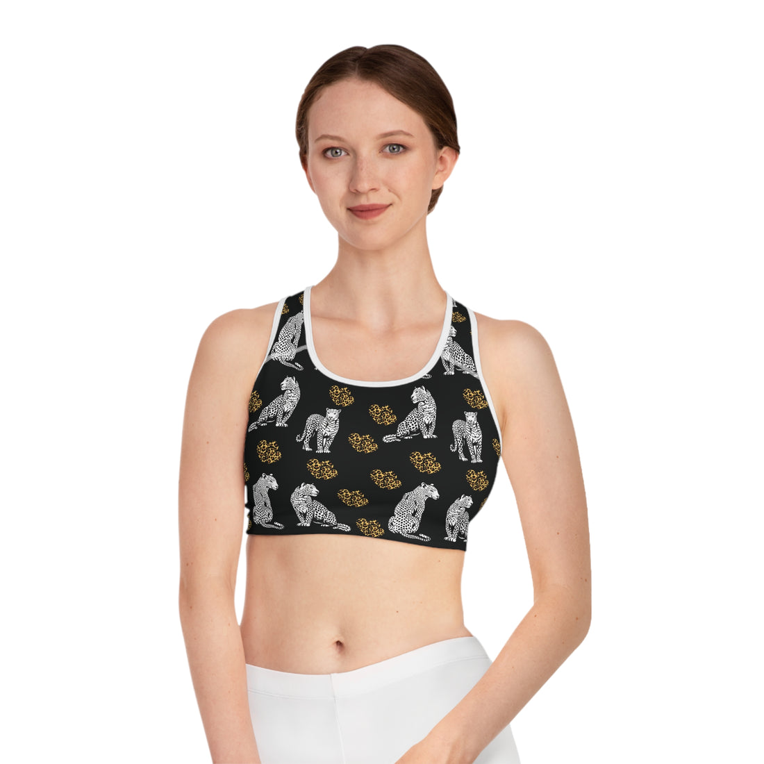 Black Cheetah Hearts (AOP) Sports Bra