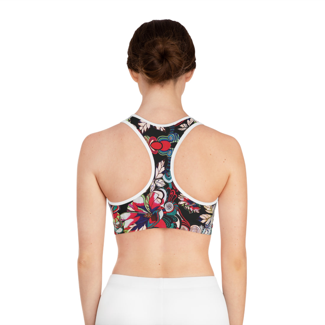 Black Graphic Floral Pop Racer Back (AOP) Sports Bra