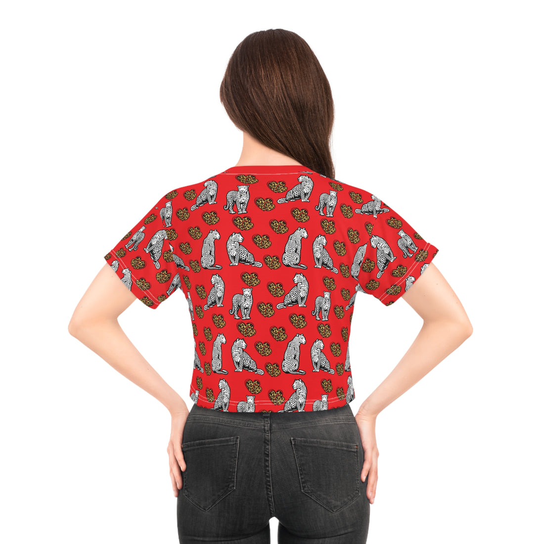 Red Cheetah Hearts AOP Crop Tee