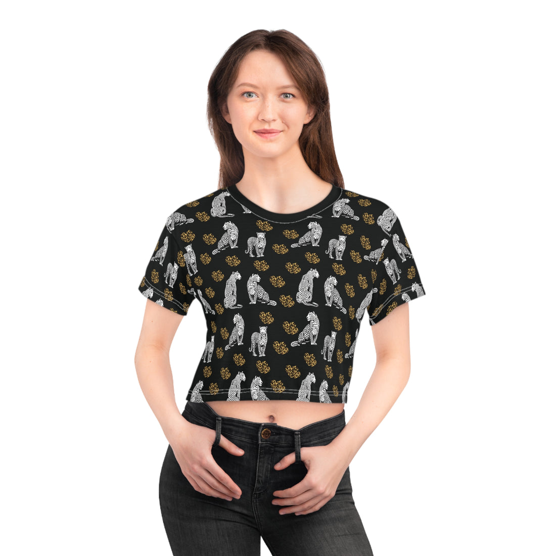 Black Cheetah Hearts AOP Crop Tee