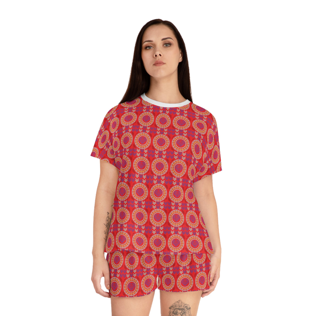 Red Geo Lion Head Short Pajama Set (AOP)