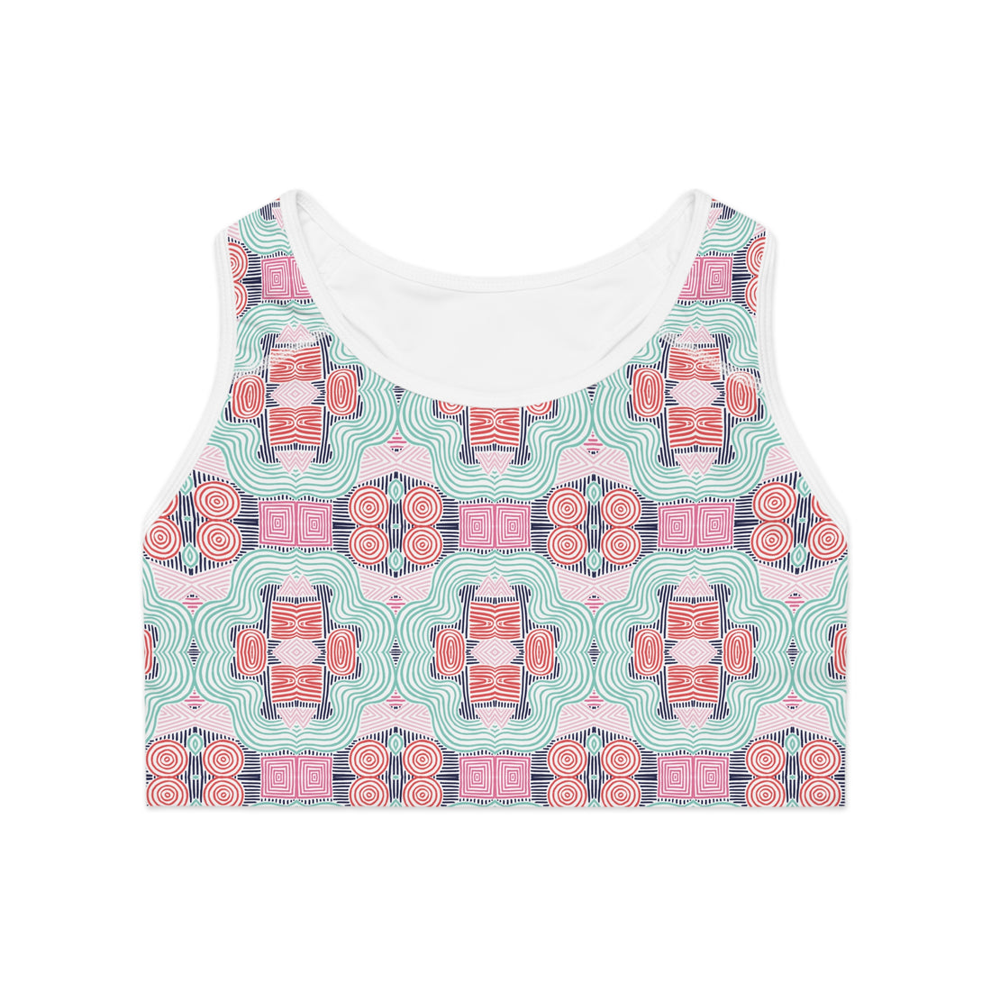 White Geometric Print (AOP) Racerback Sports Bra