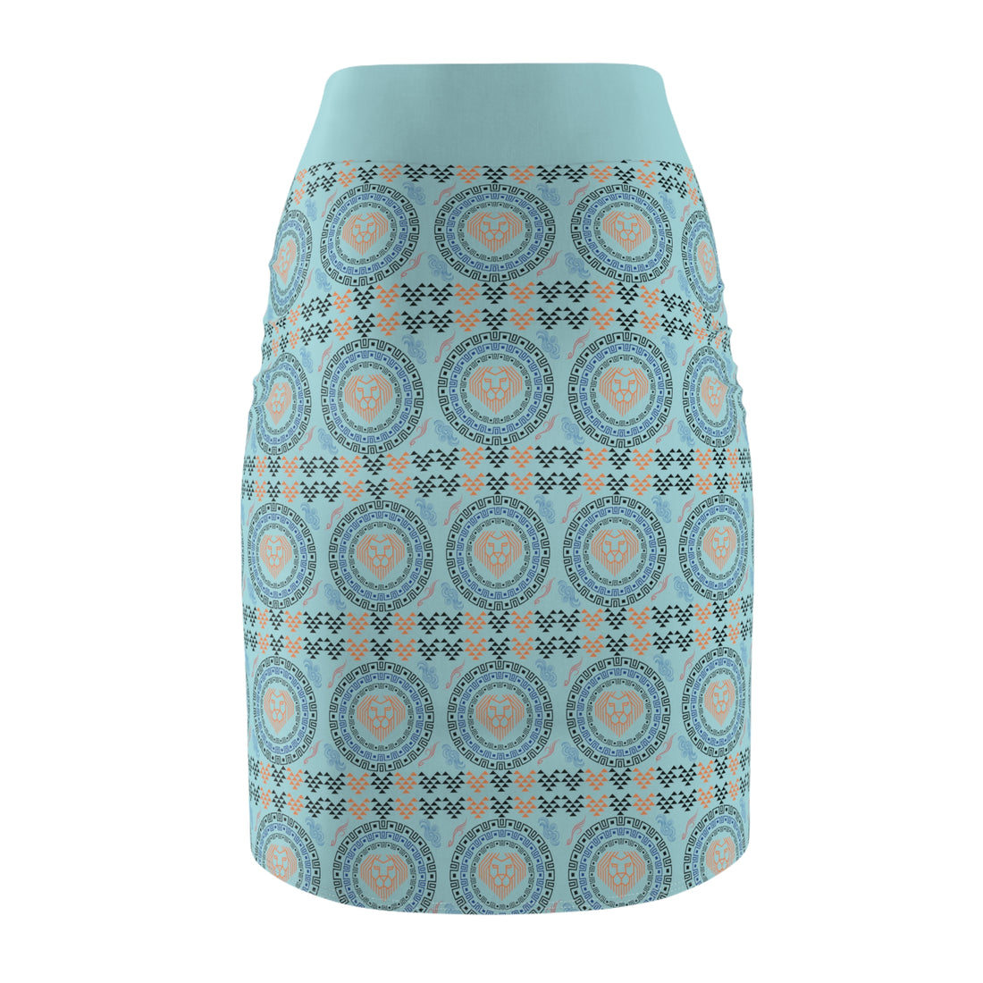 Icy Blue Geo Lion Head Pencil Skirt