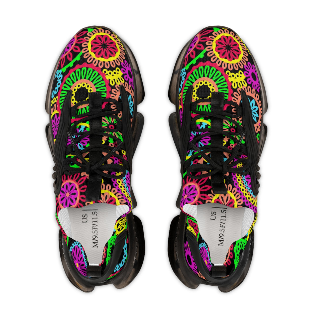 black 70's vibe psychedelic print men's mesh knit sneakers