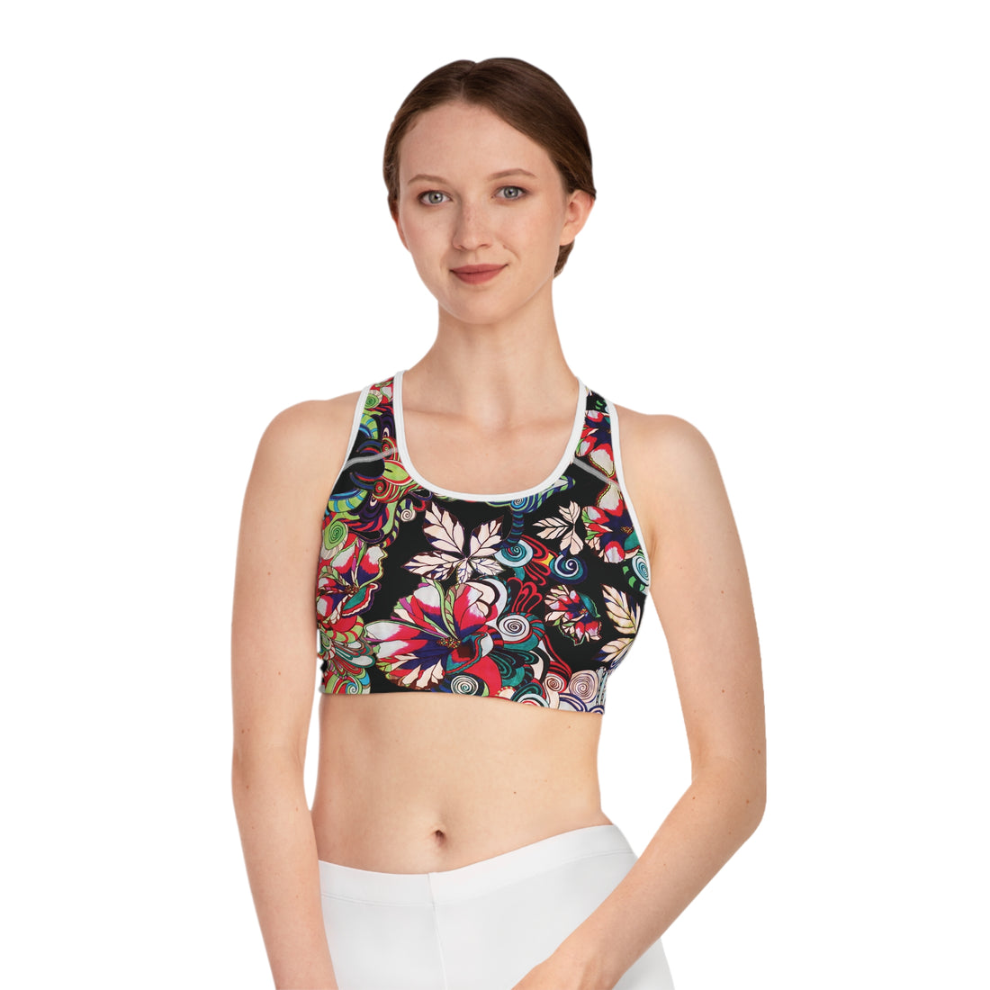 Black Graphic Floral Pop Racer Back (AOP) Sports Bra