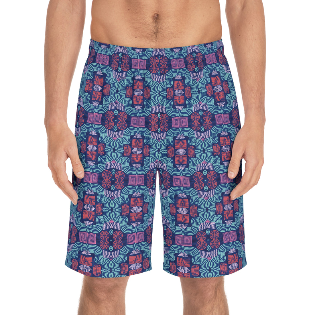 Blue Geometric Print Men's Board Shorts (AOP)