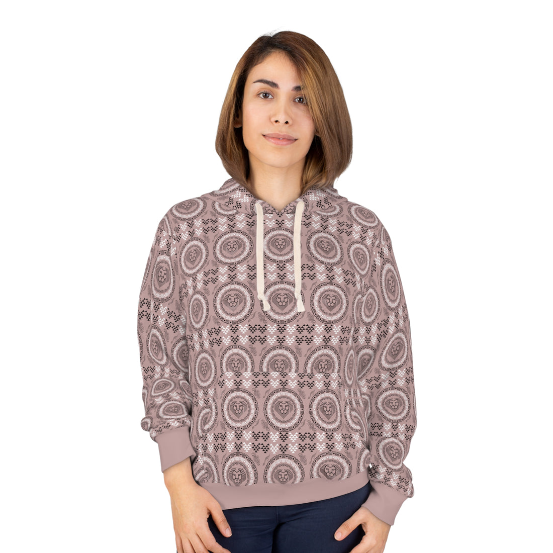 Taupe Geo Lion Head Pullover Hoodie