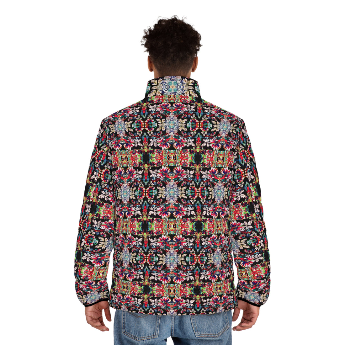 Black Artsy Floral Pop Men's Puffer Jacket