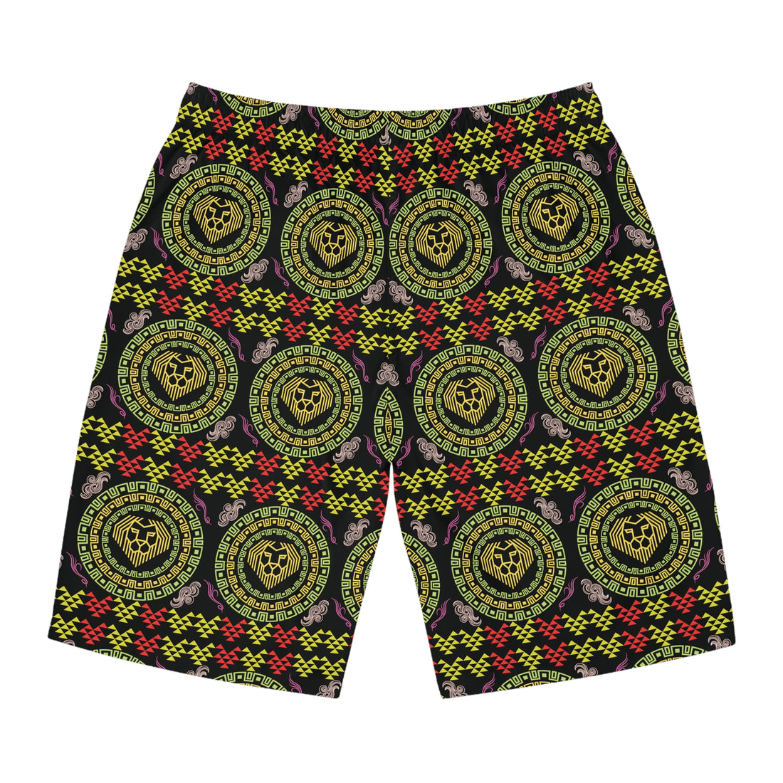 Black Geo Lion Head Men's Board Shorts (AOP)