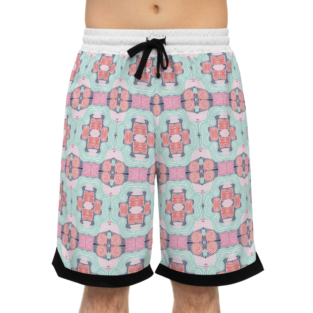 White Geometric Print Basketball Rib Shorts (AOP)