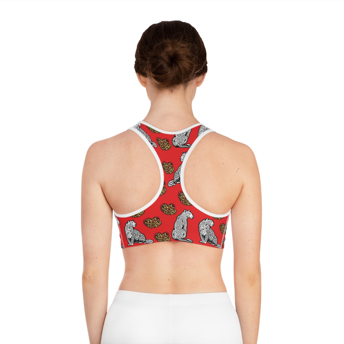 Red Cheetah Hearts (AOP) Sports Bra