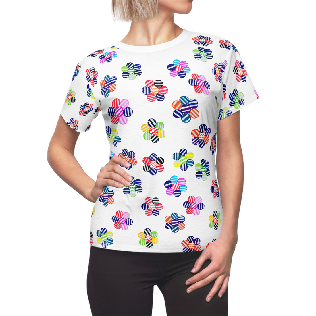 White Candy Floral AOP Women's Cap Sleeves T-shirt