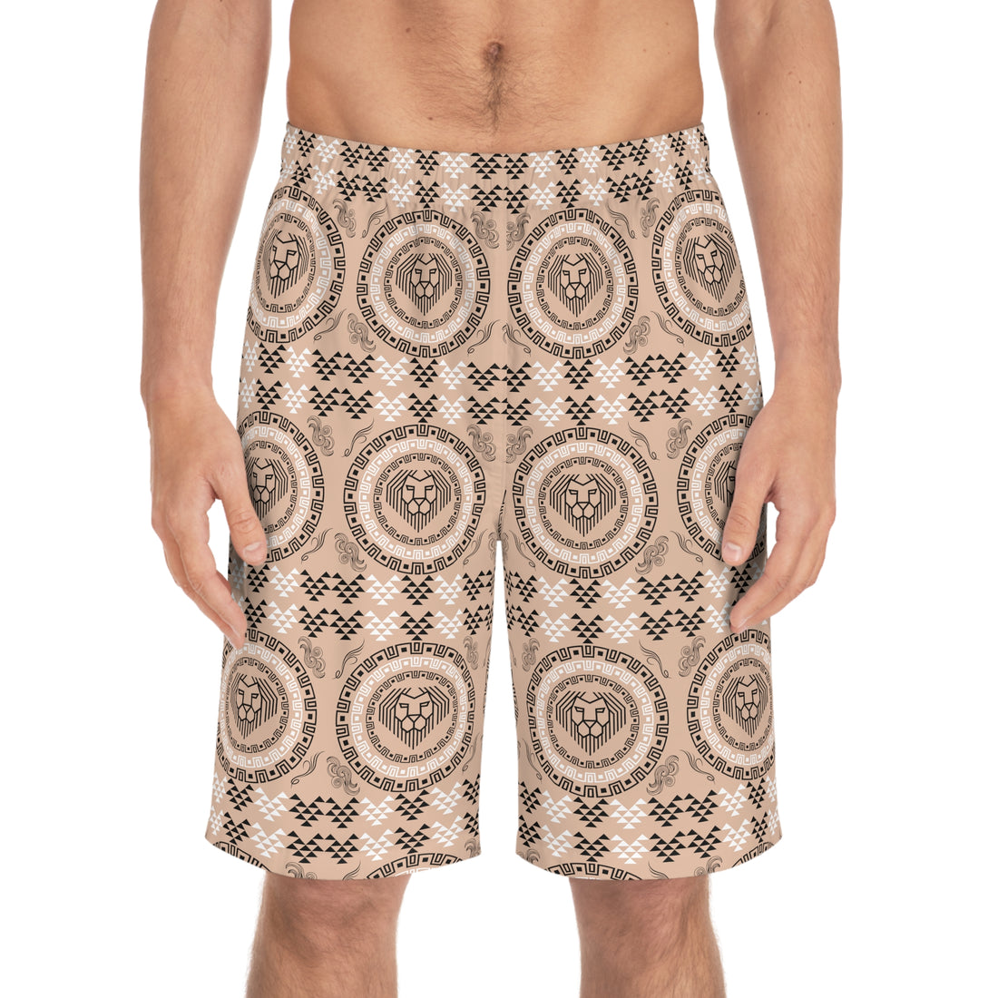 Nude Geo Lion Head Men's Board Shorts (AOP)