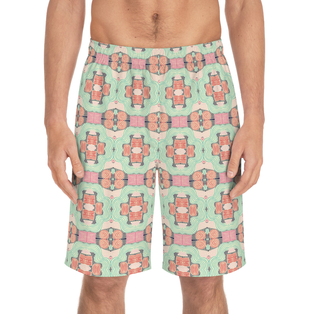 Cream Geometric Print Men's Board Shorts (AOP)