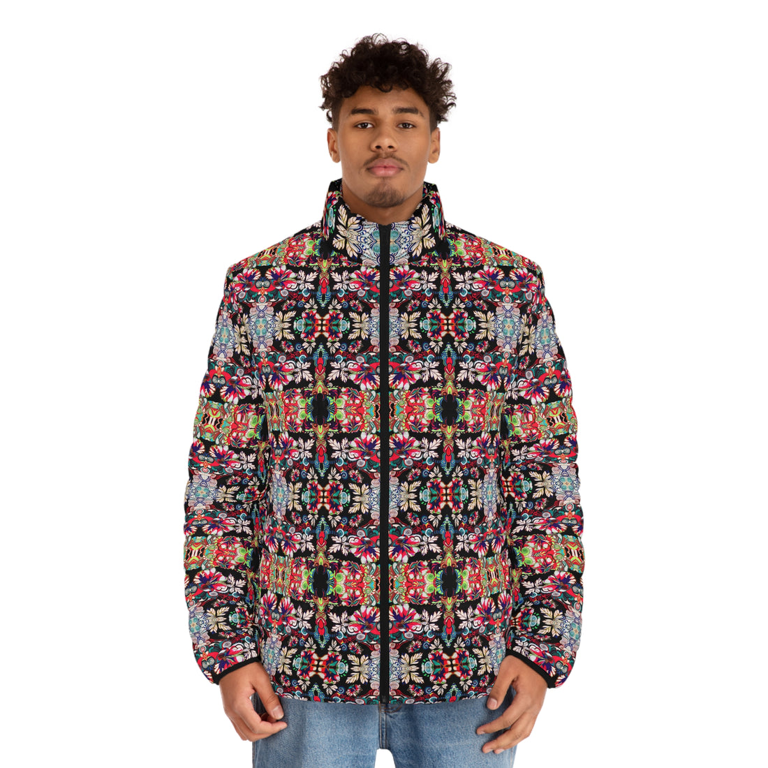 Black Artsy Floral Pop Men's Puffer Jacket