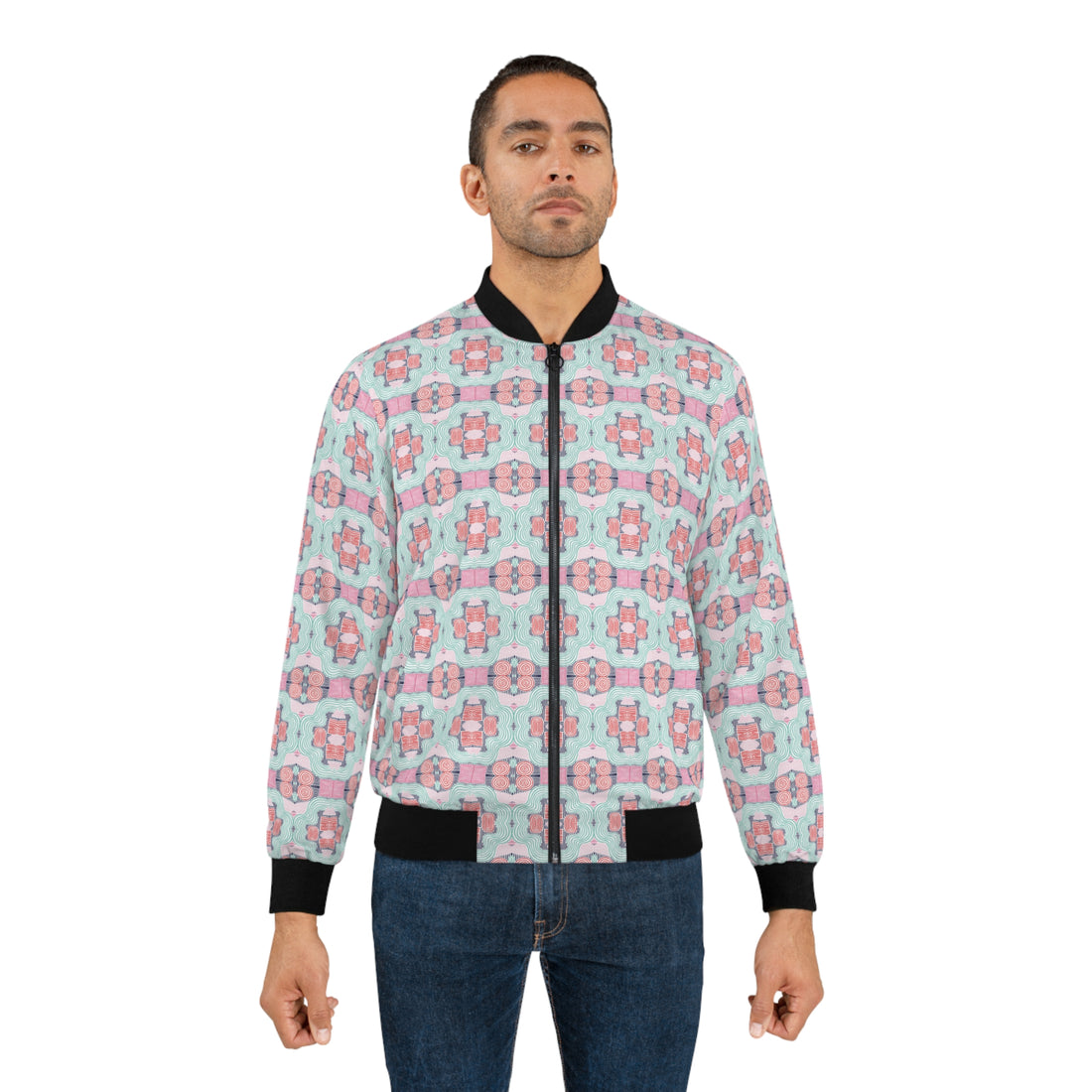 White Geometric Print Men's Bomber Jacket