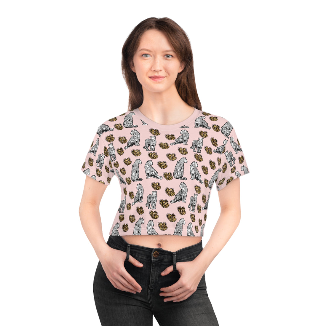 Pale Pink Cheetah Hearts AOP Crop Tee