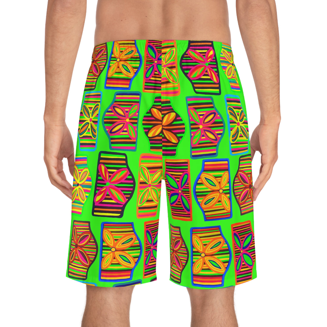 Neon Green Deco Print Men's Board Shorts (AOP)