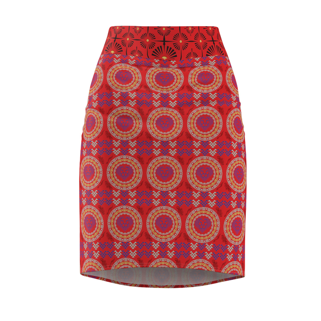 Red Geo Lion Head Pencil Skirt