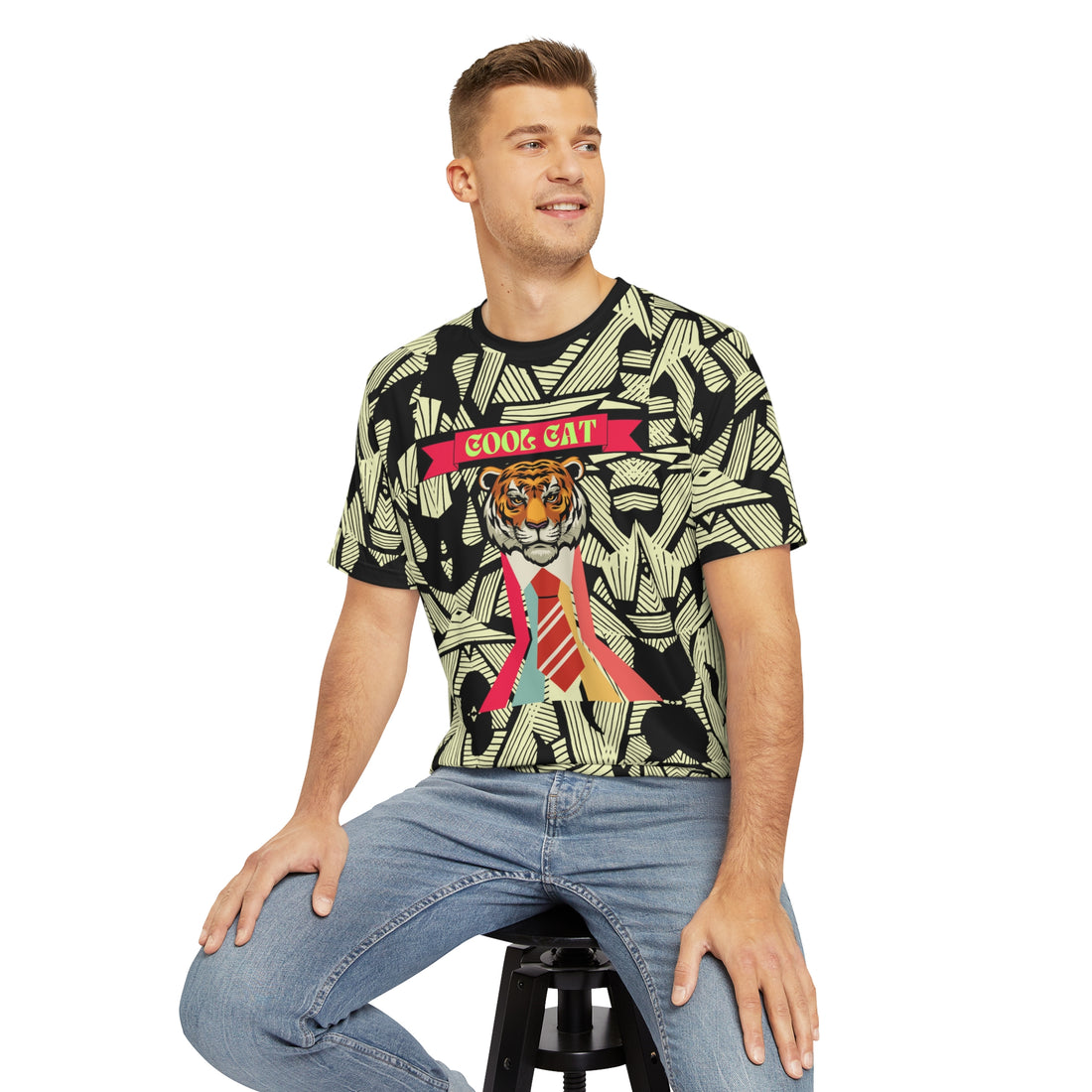 Black Cool Cat Men's Polyester Tee (AOP)