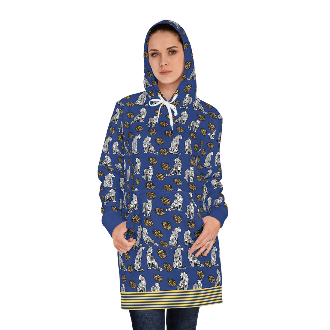 Blue Cheetah Hearts Hoodie Dress (AOP)