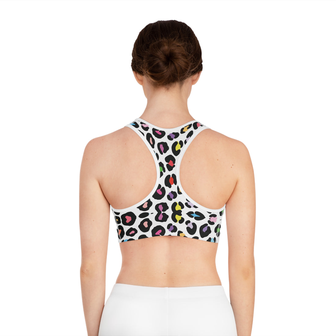 White Multi Colour Cheetah Print (AOP) Sports Bra
