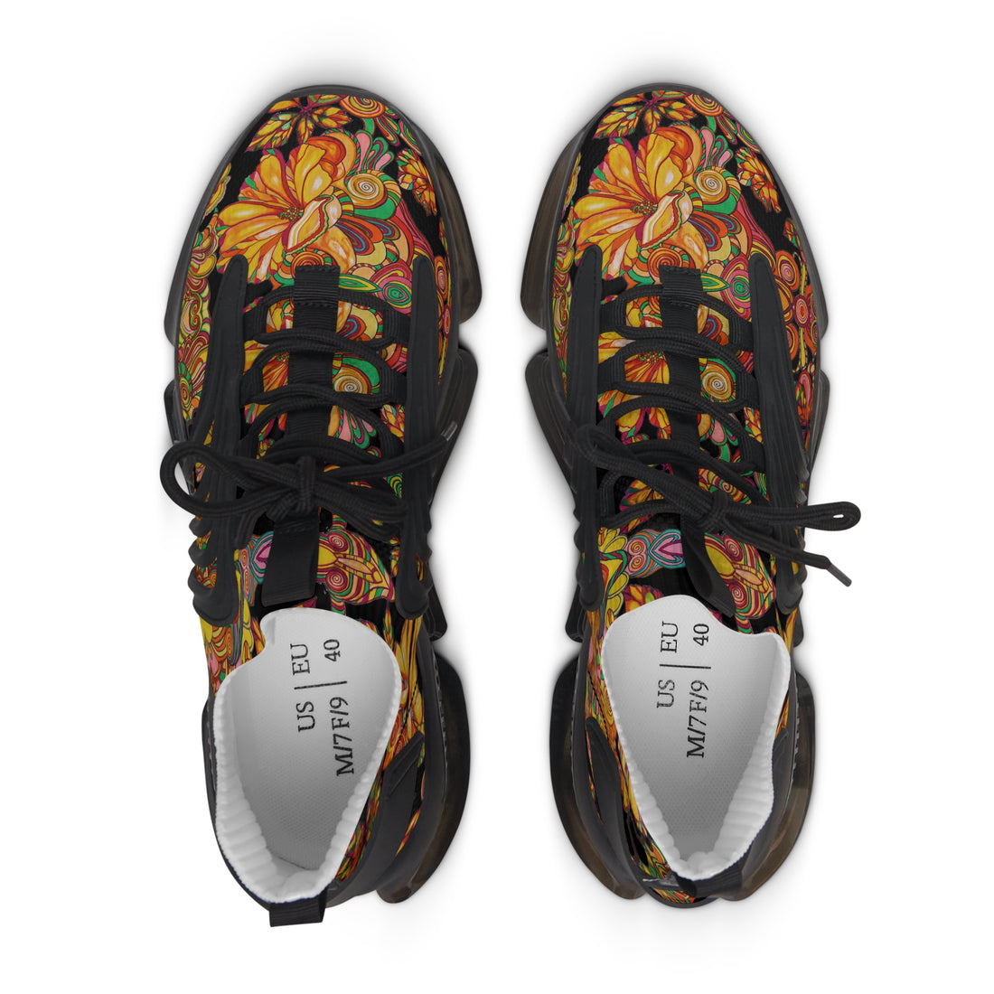 women's black floral print mesh knit sneakers