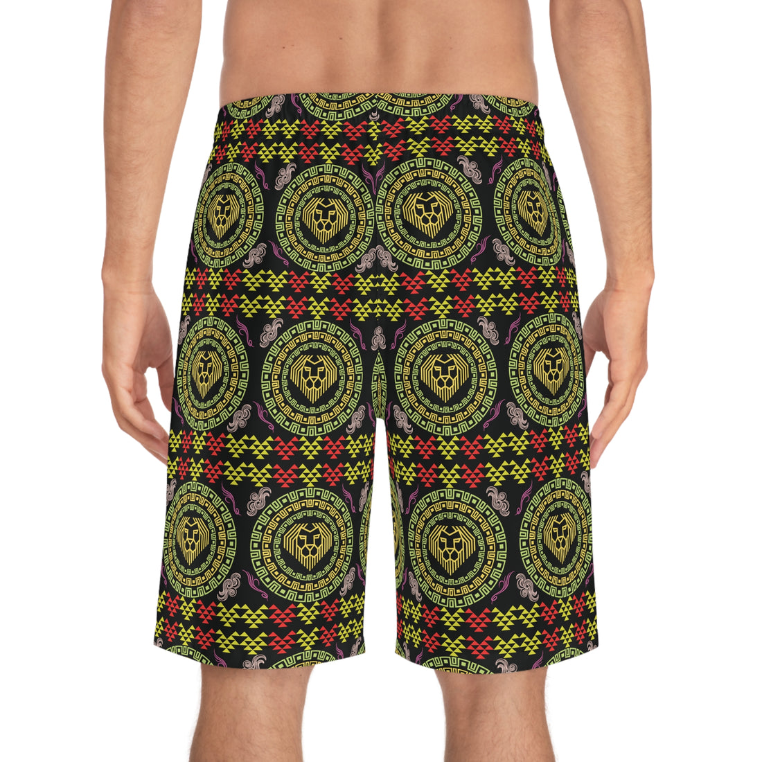 Black Geo Lion Head Men's Board Shorts (AOP)