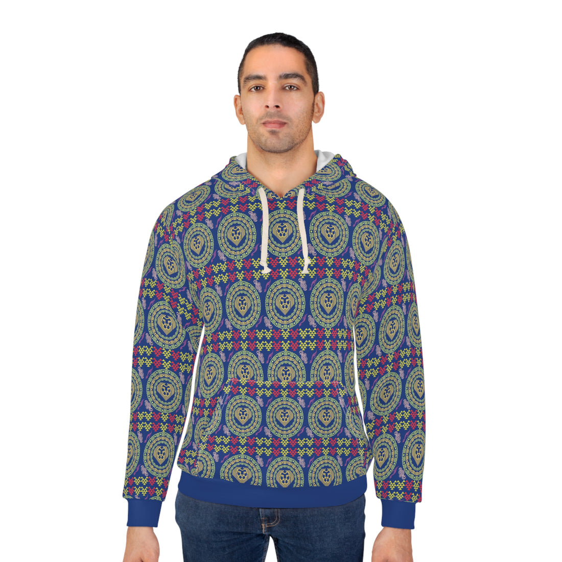 Blue Geo Lion Head Pullover Hoodie