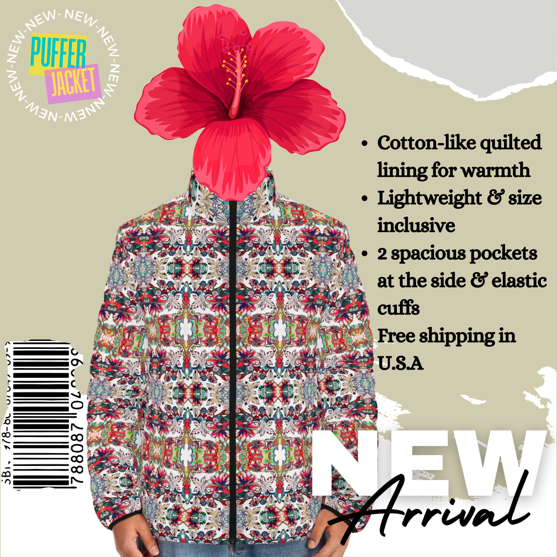 White Artsy Floral Pop Men's Puffer Jacket