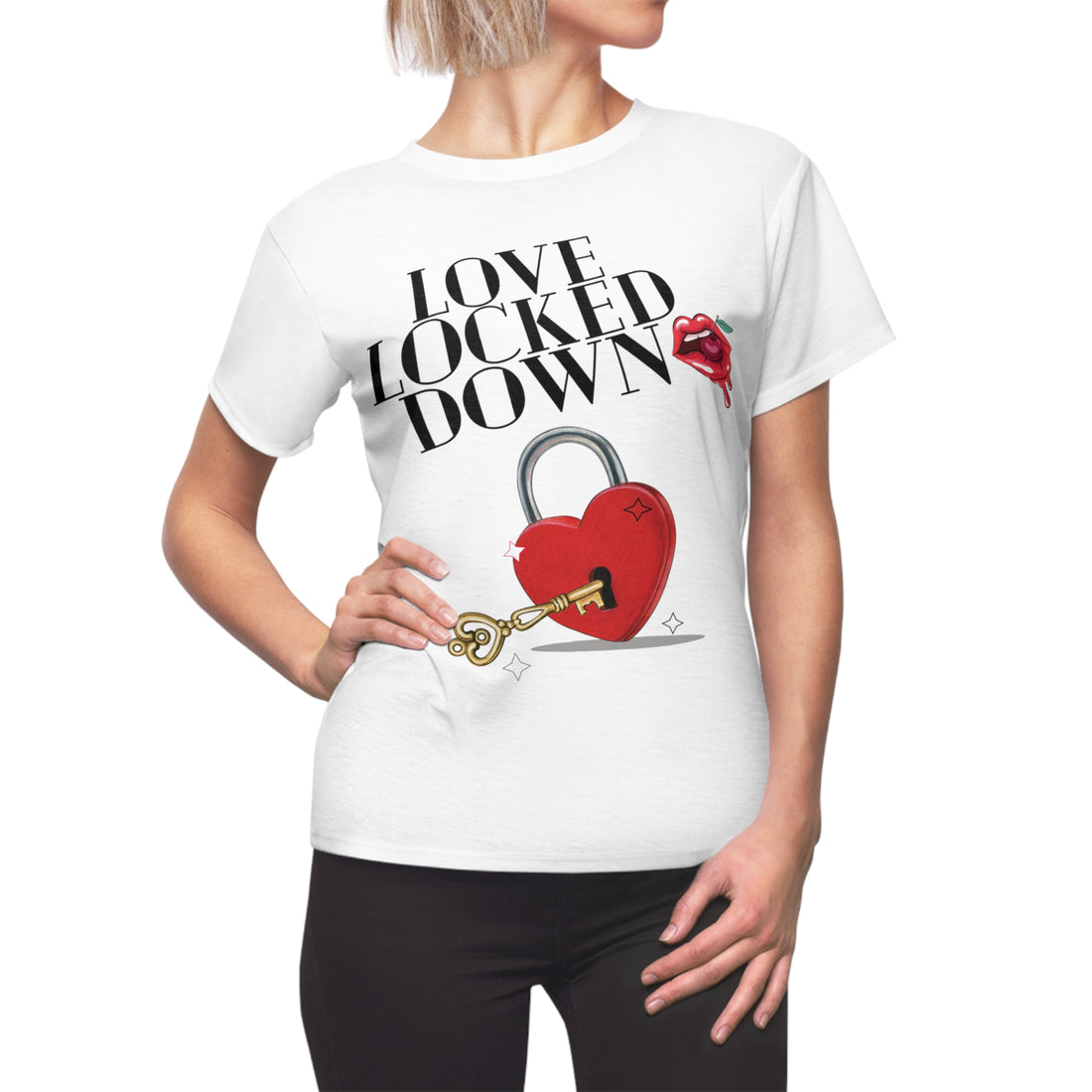 White Love Locked Typography AOP Women's Cap Sleeves T-shirt