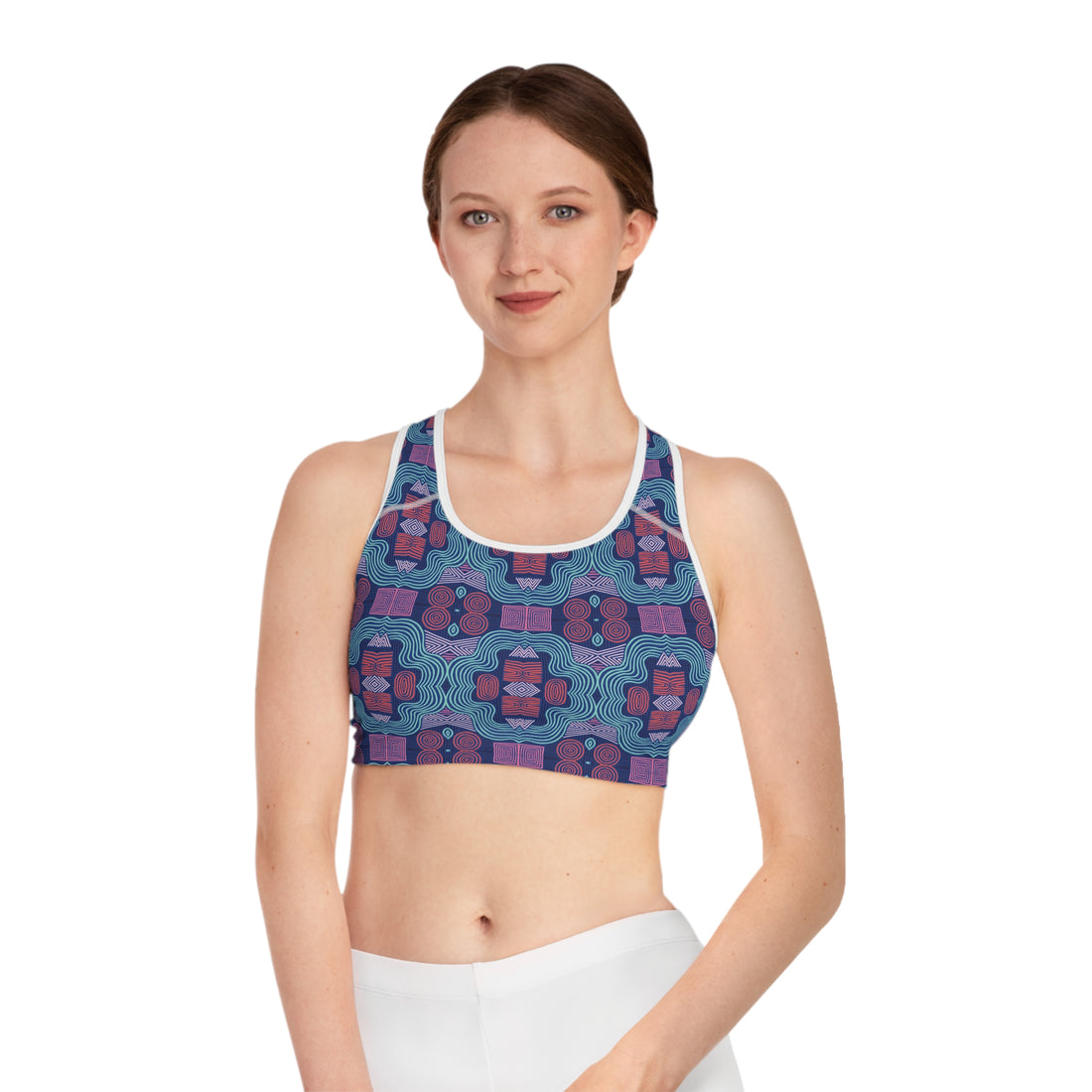 Blue Geometric Print (AOP) Racerback Sports Bra