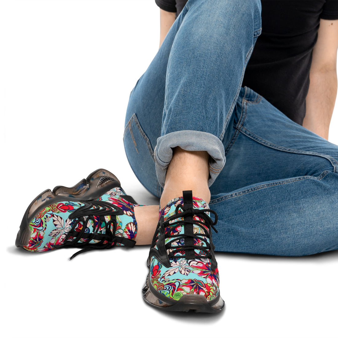 Icy Blue Floral Pop OTT Men's Mesh Knit Sneakers