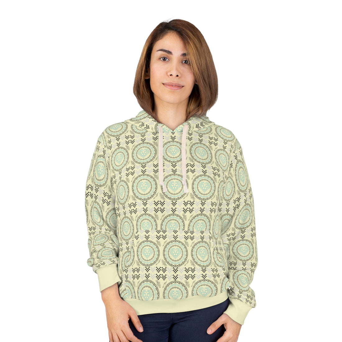 Cream Geo Lion Head Pullover Hoodie