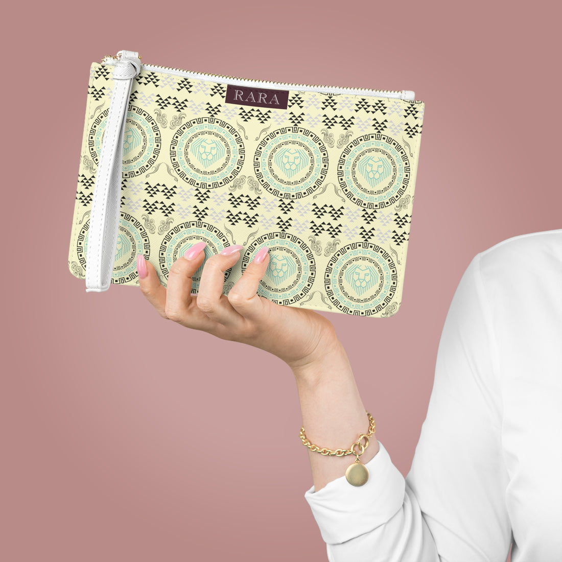 Cream Geo Lion Head Clutch Bag