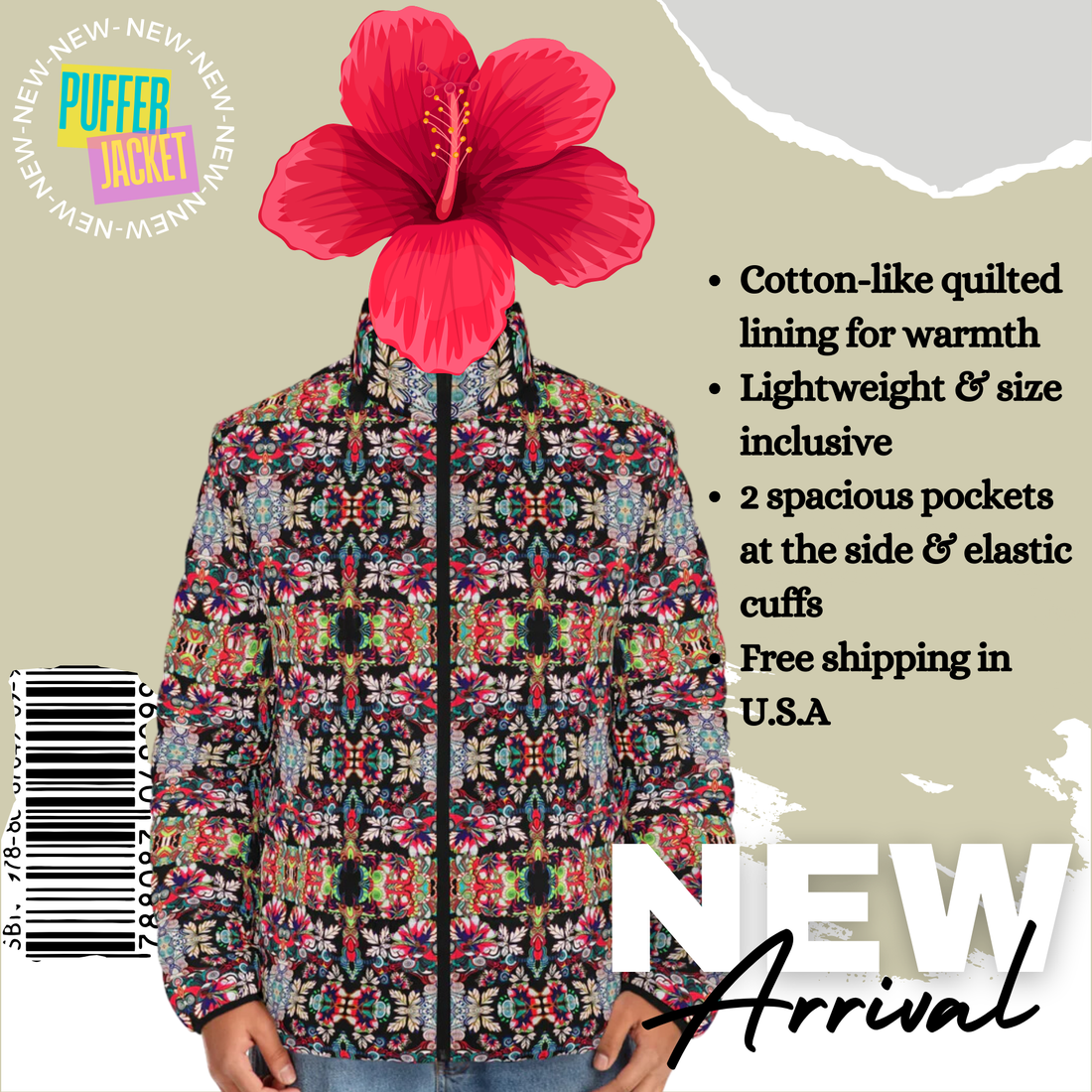 Black Artsy Floral Pop Men's Puffer Jacket