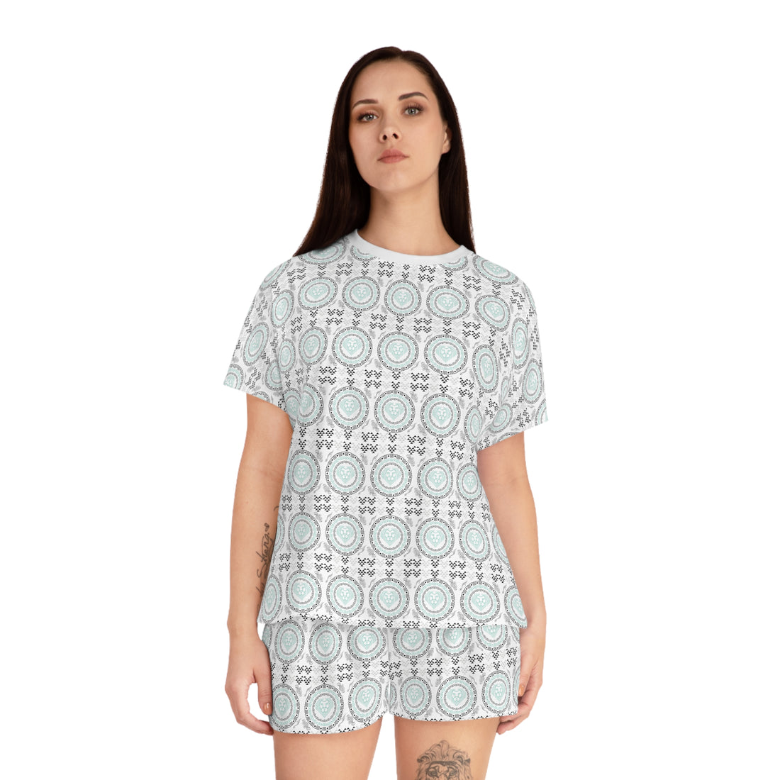 White Geo Lion Head Short Pajama Set (AOP)