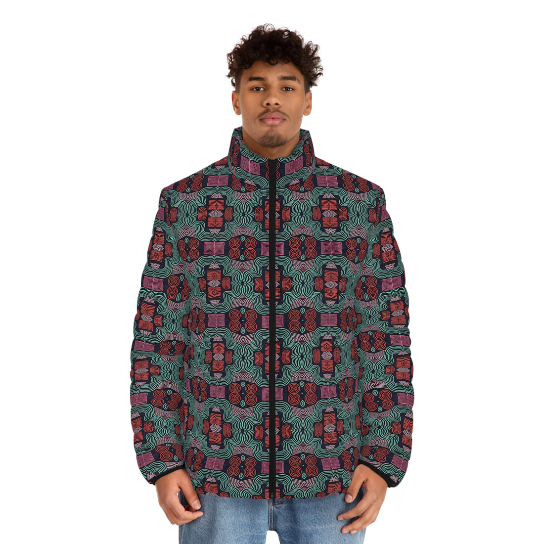 Black Men's Geometric Print Puffer Jacket
