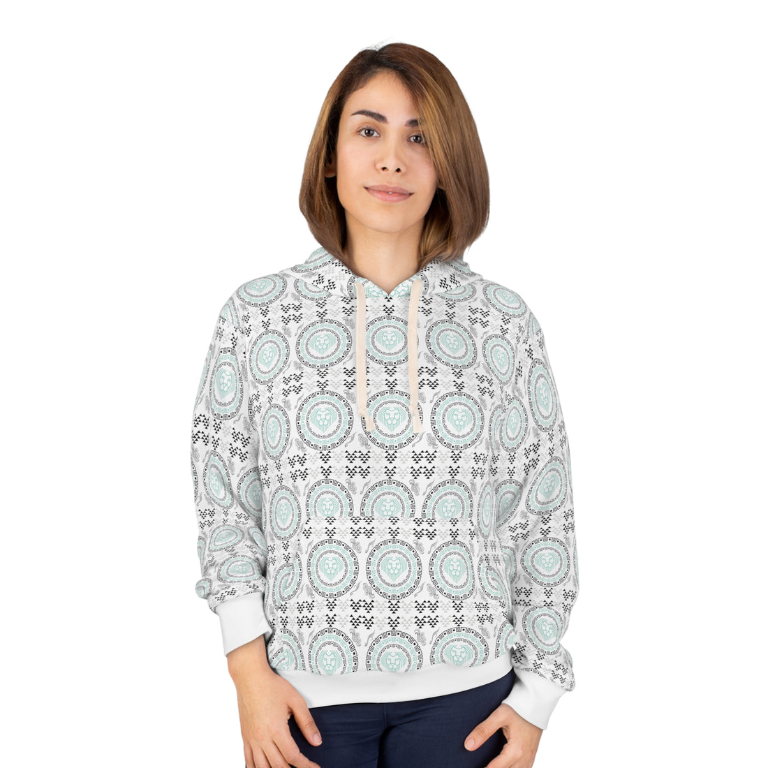White Geo Lion Head Pullover Hoodie