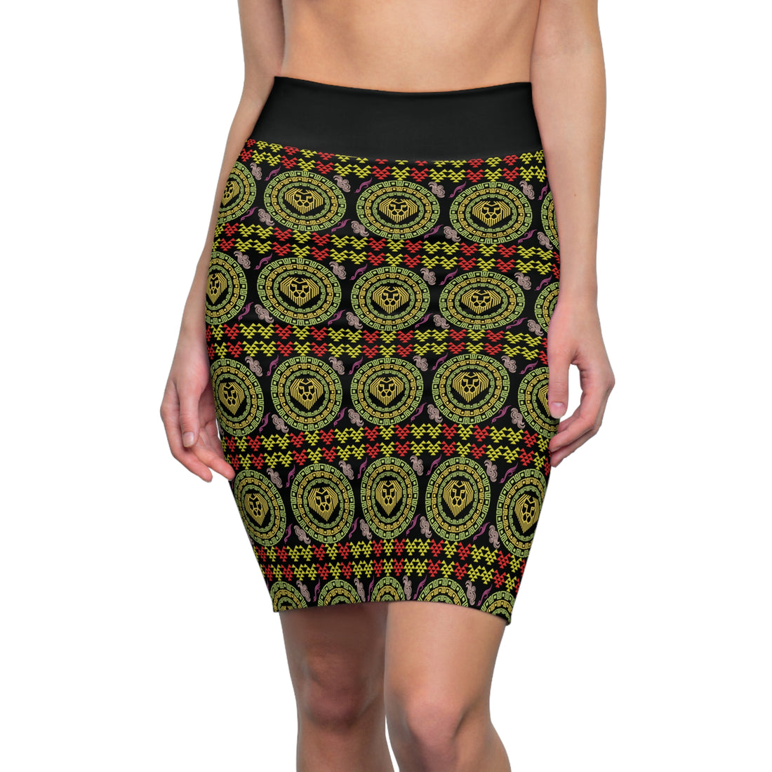 Black Geo Lion Head Pencil Skirt