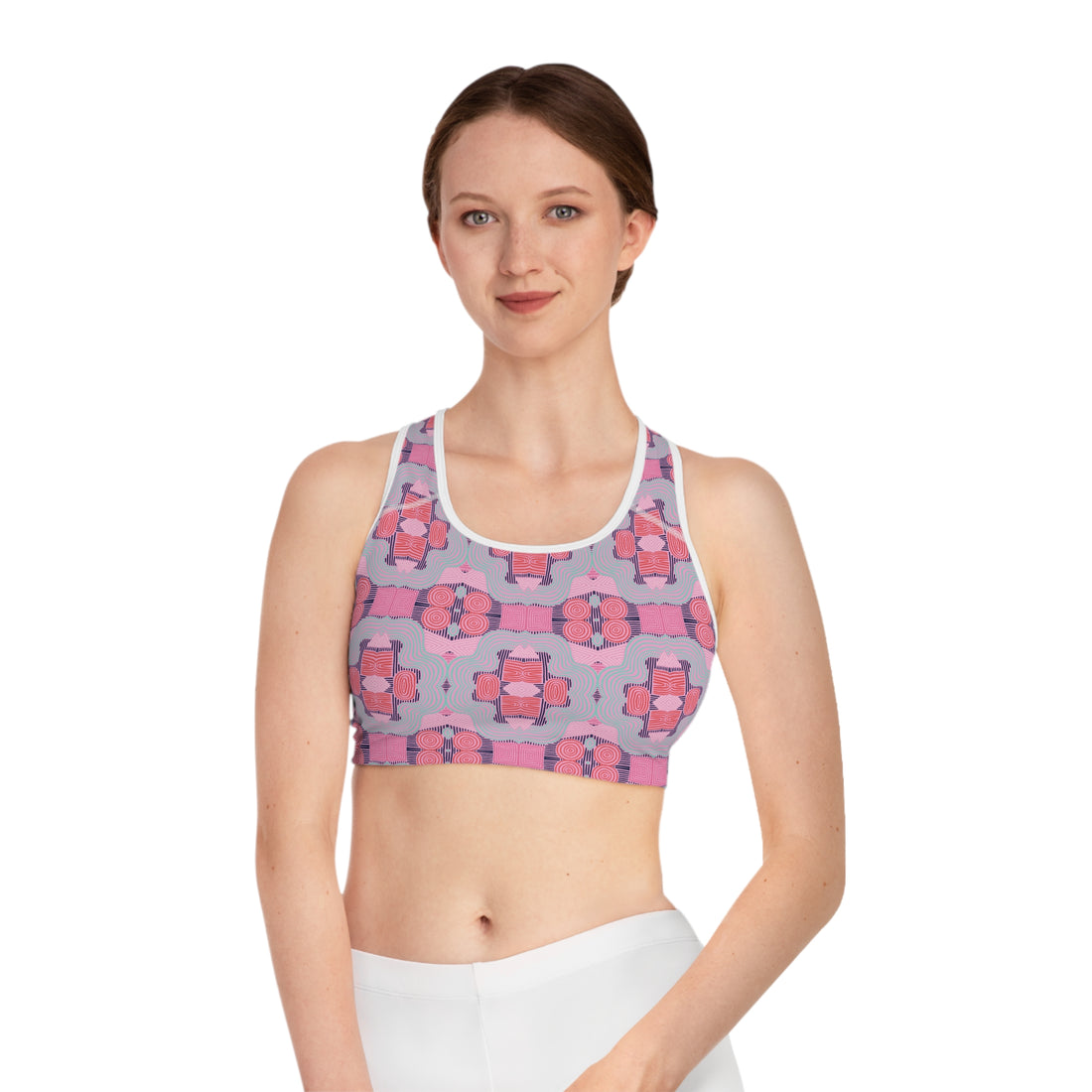 Muted Pink Geometric Print (AOP) Racerback Sports Bra