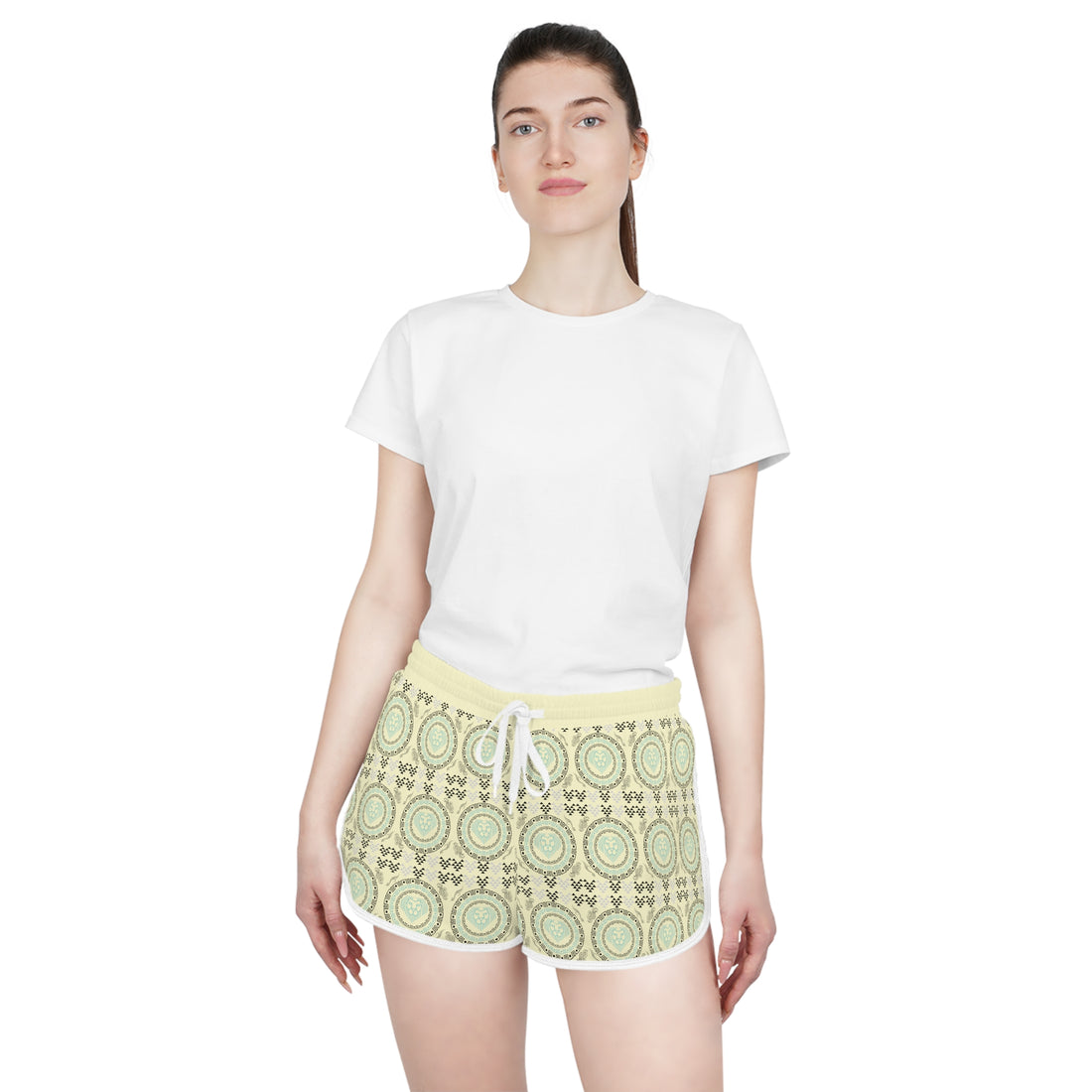 Cream Geo Lion Head Relaxed Gym Shorts